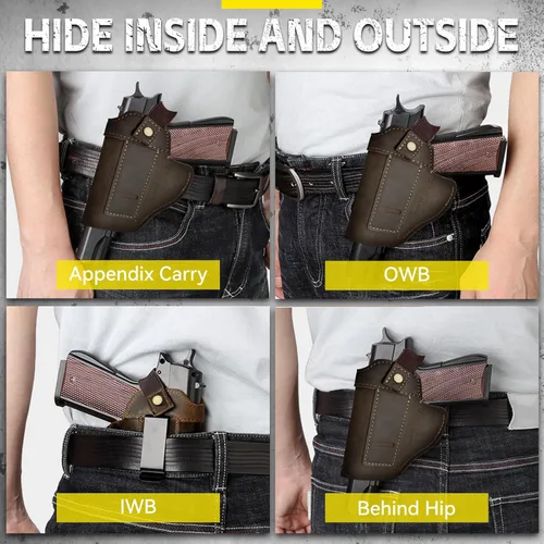 Miniatura 3 de Funda de pistola universal de cuero IWB/OWB para hombre y mujer, derecha/izquierda, funda oculta compatible con Glock 17/19/23/26/42/43X, Taurus