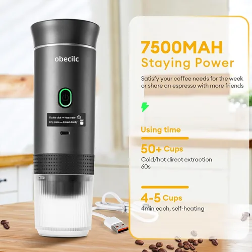 Miniatura 2 de Cafetera Portátil para Viajes, Máquina de Café Espresso de 20 Bares con USB, Cafetera de Viaje 3 en 1 con Autocalentamiento, Compatible con Café Gris