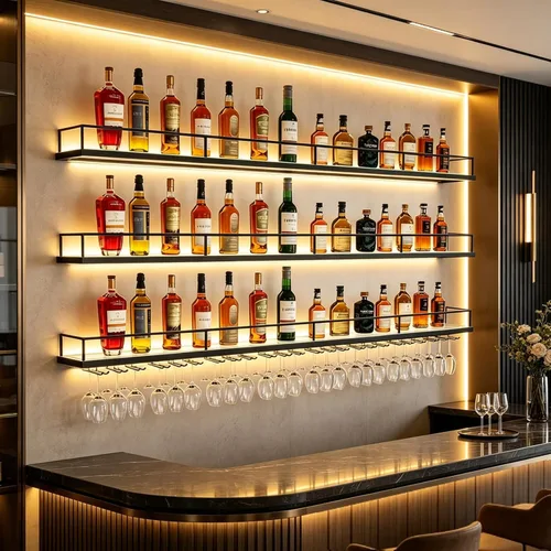 Miniatura 6 de Estante de metal para vino montado en la pared con luces LED, estantes flotantes de bar de 3 niveles con estante para copas de vino, estante grande