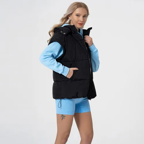 Miniatura 32 de Shiyifa Chaleco acolchado para mujer, chaqueta de gran tamaño, sin mangas, ligera, con cremallera, con capucha desmontable