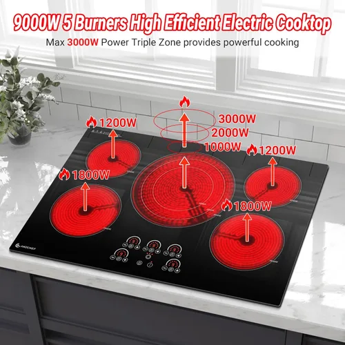 Miniatura 4 de AMZCHEF - Estufa eléctrica de 30 pulgadas, 5 quemadores integrados, estufa eléctrica de superficie de vidrio cerámico de hasta 9000W con control