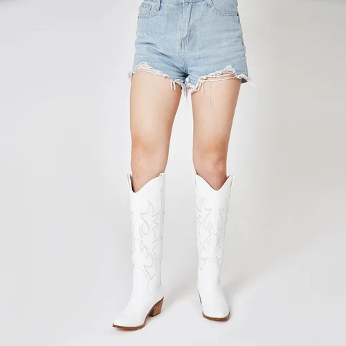 Miniatura 4 de Eteridrey Botas vaqueras bordadas para mujer, botas vaqueras occidentales con punta puntiaguda, tacón alto y grueso, botas altas hasta la rodilla