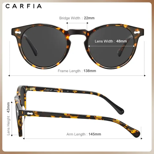 Miniatura 12 de CARFIA Gafas de sol polarizadas de acetato redondo para mujer, protección UV de cara pequeña con funda de cuero CA5288