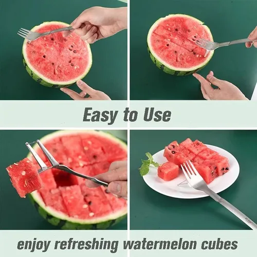 Miniatura 4 de Cortador de acero inoxidable con horquilla de sandía, herramienta de corte de cubo de melón fascinado para niños, cuchillo utilitario para tallar