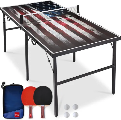 Best Choice Products Mesa de ping pong portátil, de tamaño mediano, plegable, para interiores y exteriores, con 2 paletas, 4 pelotas incluidas,