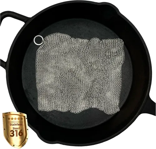 Miniatura 9 de Limpiador de malla de hierro fundido con anillos finos soldados para vasos, limpiador de hierro fundido de sartén (4 x 4 pulgadas)