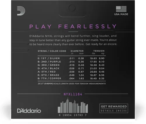 Miniatura 2 de D'Addario Cuerdas para guitarra eléctrica, NYXL entorchadas en níquel, NYXL1164, calibre medio 11-64, juego de 7 cuerdas, paquete de 1