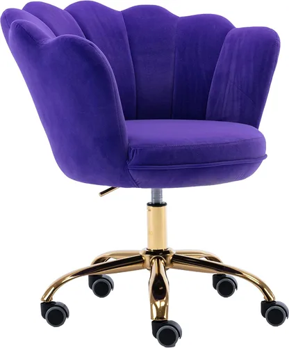 Miniatura 16 de Silla de trabajo cómoda para oficina en casa con ruedas, bonita y moderna tapizada de terciopelo con respaldo de concha, silla de escritorio de Rojo