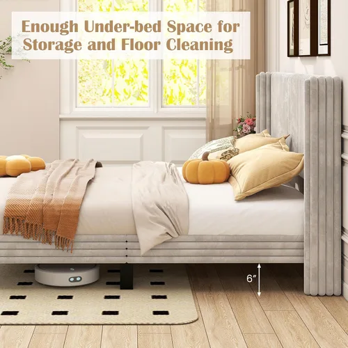Miniatura 7 de Giantex Base de cama de terciopelo tamaño Queen, plataforma tapizada con cabecera vertical copetuda, base de colchón de soporte de listones