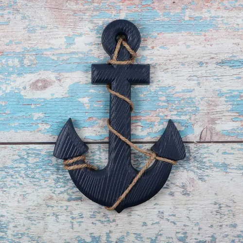 Miniatura 3 de MDLUU Volante náutico de madera, timón de barco pequeño y ancla, juego de decoración de pared de 11 pulgadas, rueda de timón azul marino, adorno