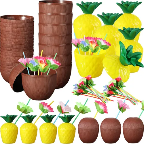 Miniatura 7 de Amyhill 36 tazas tropicales de piña y coco, tazas de plástico para fiestas hawaianas con 36 tapas y pajitas de flores, suministros de despedida