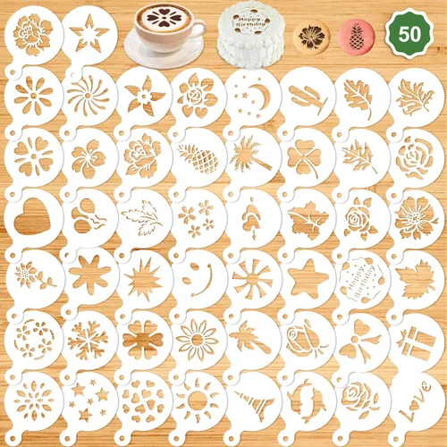 Konsait Paquete de 50 plantillas de plantillas para tartas, reutilizables, galletas, hornear, pintura, diario, herramientas de molde, postre, moldes