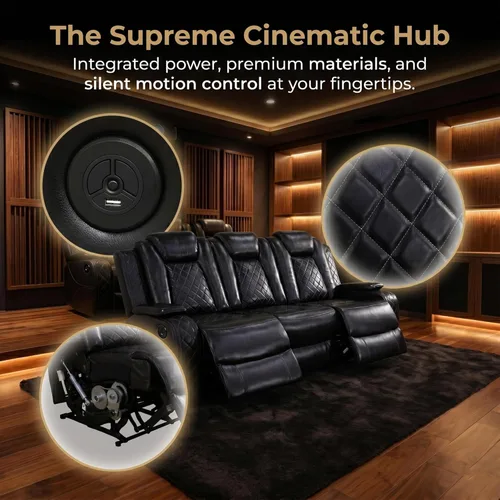 Miniatura 5 de Juego de sofá reclinable eléctrico de cuero de 3 piezas para sala de estar con puertos USB, iluminación ambiental LED y consola de almacenamiento