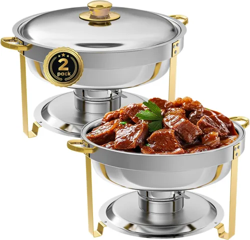 Miniatura 12 de IMACONE Juego de Bandejas Calentadoras de Buffet 4 Piezas, 5QT Redondas de Acero Inoxidable con Tapa de Vidrio para Catering, Conjuntos