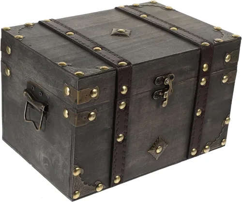 Caja del tesoro de madera vintage pirata almacenamiento de joyas con cerradura de pecho decorativa retro para recuerdos, contenedor de madera