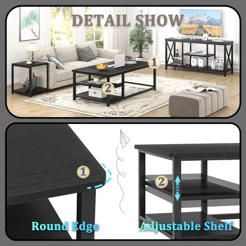 Miniatura 4 de EXCEFUR Mesa de centro negra, mesa de sala de estar de madera rústica con estante de almacenamiento, mesa central rectangular moderna, 47 pulgadas