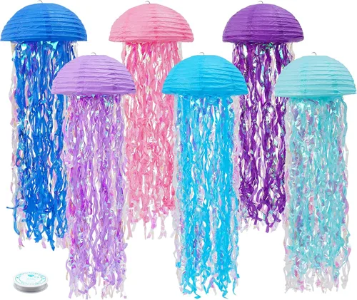 Miniatura 9 de Decoraciones de cumpleaños de sirena, linternas de papel de medusas rosadas lavanda azul, escamas de sirena colgantes en forma de linterna