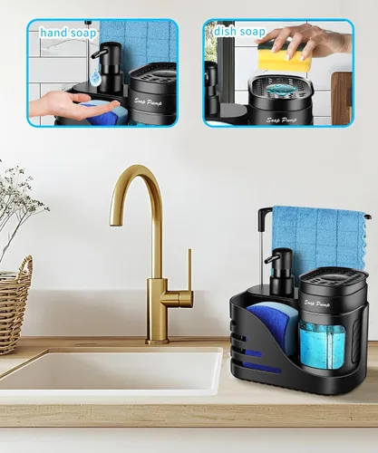 Miniatura 2 de Set de dispensador de jabón de cocina, dispensador doble de jabón para manos y platos 4-en-1 con soporte de esponja y soporte de paño para fregadero