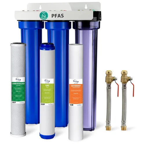 iSpring WCB32C-GAC+AHPF12MNPT12X2 Sistema de filtro de agua de 3 etapas para toda la casa con conectores de manguera de acero inoxidable trenzado a