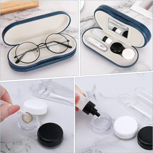 Miniatura 7 de MoKo Estuche Doble para Gafas, Estuche para Lentes de Contacto con Pinzas Removedoras con Espejo, 2 en 1 de Doble Cara Portátil, Caja Soporte Azul