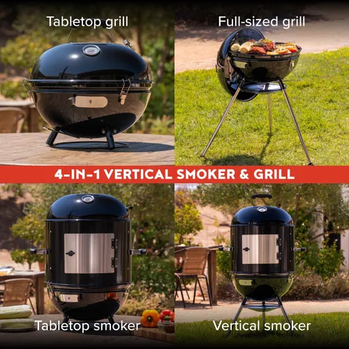 Miniatura 2 de Megamaster Ahumador vertical para barbacoa de carbón de 18 pulgadas, parrilla portátil 4 en 1 para exteriores con ventilación de aire ajustable, 600