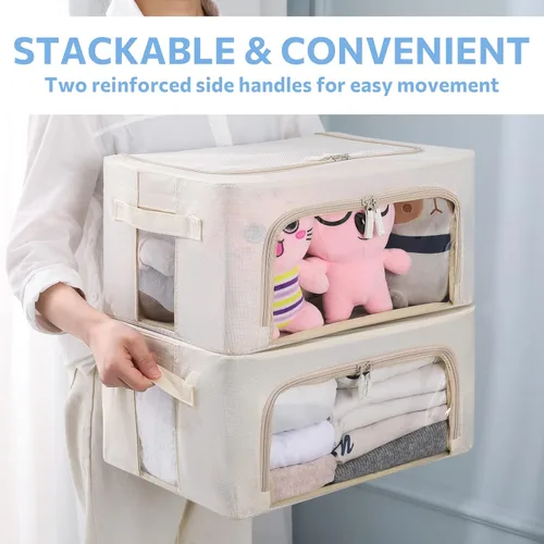 Miniatura 8 de Paquete de 3 cajas de almacenamiento con marco, bolsas de almacenamiento de ropa, tela Oxford, plegable, apilable, juego organizador con ventana