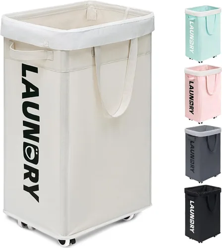 Goodpick - Cesta de lavandería con ruedas, 75L, esenciales para dormitorio de universidad, cesta de ropa con bolsa de lavado extraíble para blanco