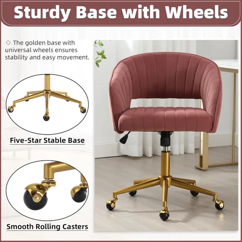 Miniatura 7 de ABET Silla de escritorio con ruedas, silla de oficina en casa de terciopelo, silla giratoria con base dorada, sillas acentuadas modernas tapizadas