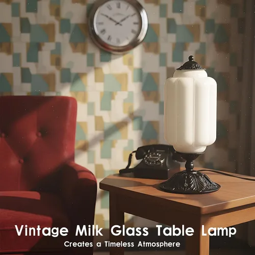 Miniatura 3 de Lámpara de mesa vintage de vidrio de leche con control táctil, elegante lámpara de noche de vidrio blanco regulable de 3 vías con puertos de carga