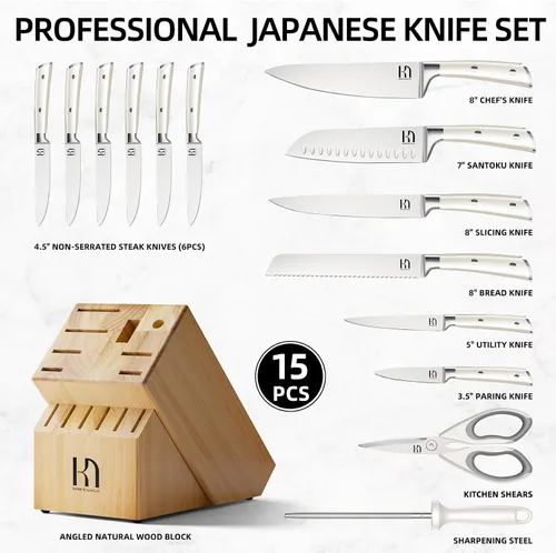 Miniatura 5 de KnifeSaga Juego de Cuchillos Premium, Japonés 15 Piezas Juego de Bloque de Cuchillos de Cocina de Acero Inoxidable de Alto Carbono con Afilador