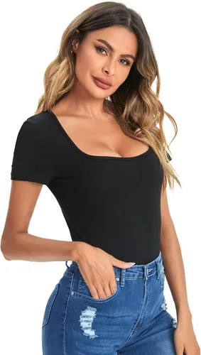 Miniatura 4 de Verdusa Womens Short Sleeve Square Neck T-Shirt Basic Solid Slim Fitted Top Tee