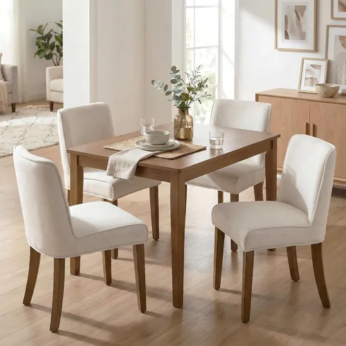 Miniatura 11 de Juego de 6 sillas de comedor de estilo rústico tapizadas de lino a rayas caqui, sillas de comedor sin brazos para el hogar, cocina, comedor, Franja