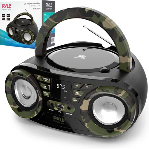 Pyle Reproductor de CD portátil Bluetooth Boombox altavoz – Radio estéreo AM/FM y sonido de audio, compatible con CD-R-RW/MP3/WMA, USB, AUX,