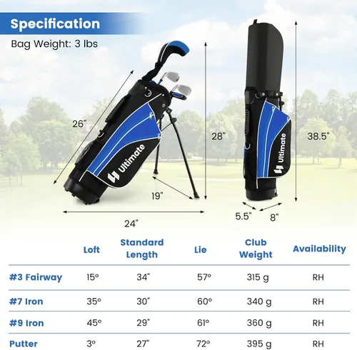 Miniatura 9 de Juego de palos de golf junior Tangkula para niños diestros, incluye madera de fairway #3 y hierros #7/#9, putter, funda para la cabeza y capucha Azul