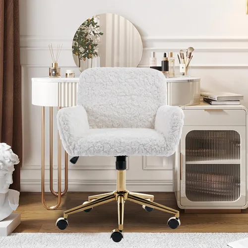 Miniatura 3 de SSLine Silla de escritorio de piel sintética, moderna y bonita silla de oficina, cómoda silla giratoria de tela de peluche mullida con ruedas