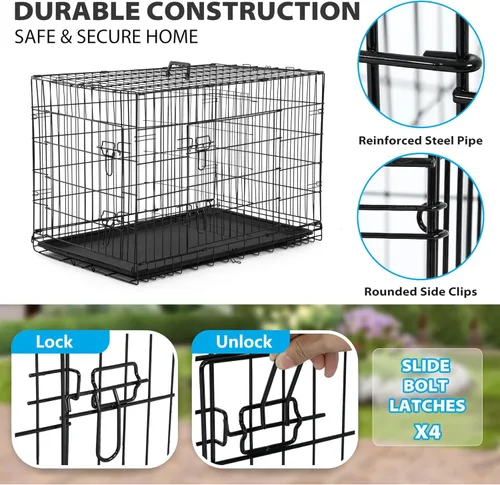 Miniatura 3 de BestPet Jaula para perros de 42 pulgadas Negro Perrera de metal plegable con puertas individuales, pestillos seguros de perno deslizante, 2-Negro