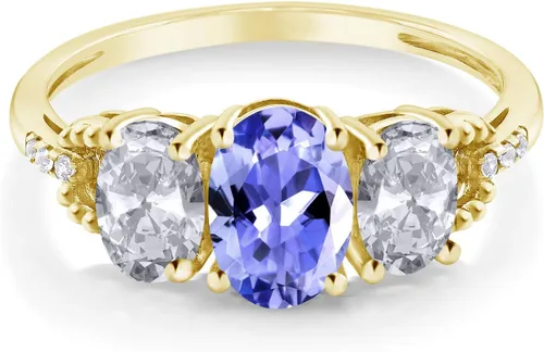 Miniatura 2 de Gem Stone King Anillo de compromiso de oro amarillo de 10 quilates con topacio blanco y diamantes de tanzanita azul para mujer