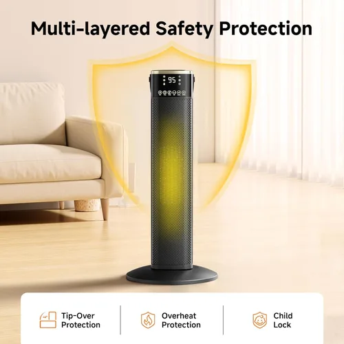 Miniatura 5 de Calentador de espacio para uso en interiores, calentador eléctrico de cerámica PTC de 1500 W con termostato, oscilación de 45°, temporizador de 12