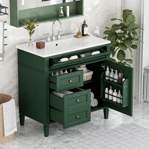Miniatura 18 de Virubi Tocador de baño de 30 pulgadas con fregadero de cerámica, armario de almacenamiento independiente moderno con 1 puerta, 2 cajones y cajón Azul