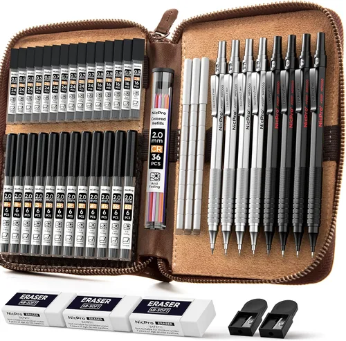Miniatura 9 de Nicpro - Juego de 30 lápices mecánicos negros de metal en estuche de cuero, lápices de dibujo artístico de 0.5, 0.7, 0.9 mm, portaminillas