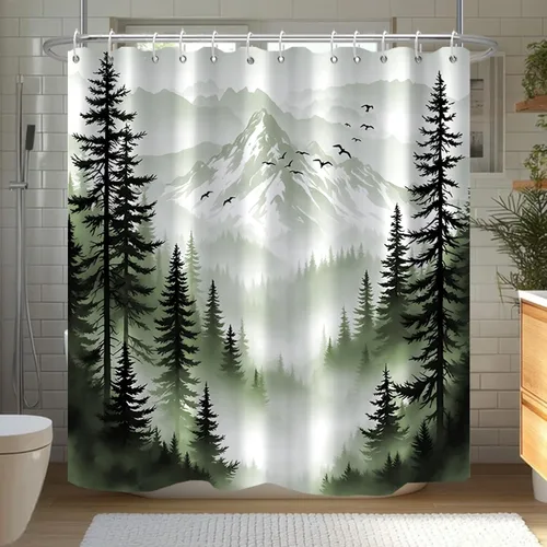 Miniatura 10 de Cortina de Ducha Azul Bosque de Pino Montaña Aves Paisaje Nebuloso Cortina de Ducha Impermeable de Tela para Decoración de Baño 60x72 Pulgadas