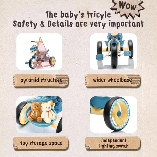 Miniatura 6 de Triciclo de dinosaurio para niños, triciclo para niños pequeños, rueda grande con ruedas anchas de EVA flash, pedales antideslizantes, cesta de Azul