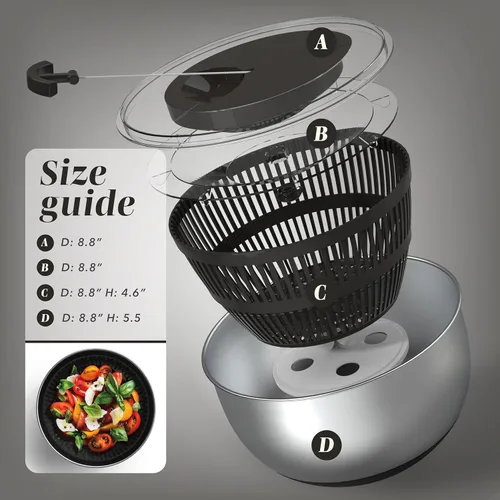 Miniatura 7 de COOK WITH COLOR Lavadora de lechugas y secadora de verduras para una fácil preparación de ensaladas, base antideslizante con mango de tracción, Negro