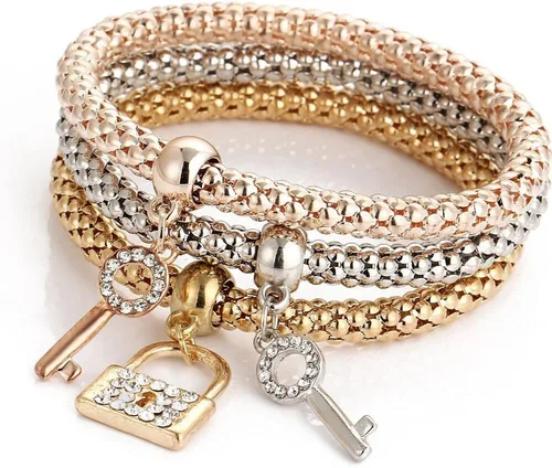 Juego de 3 pulseras de cadena de palomitas de maíz, color oroplataoro rosa, dijes de cristal, pulseras multicapa en forma de corazón de mariposa,