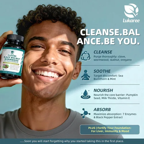 Miniatura 5 de Lukaree Limpieza de clavo de nogal negro de ajenjo para humanos, cápsulas blandas 20 en 1 extra fuertes Limpieza intestinal y salud digestiva