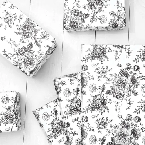 Miniatura 3 de JarThenaAMCS 100 hojas de papel de seda floral negro chinoiserie, papel de regalo de flores vintage, papel decorativo para manualidades, cumpleaños