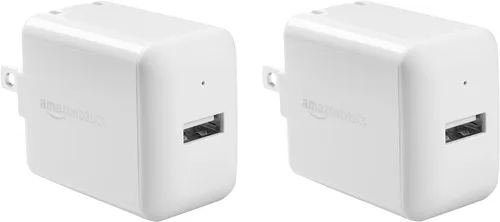 Amazon Basics Cargador de pared USB-A de 12 W de un puerto (2.4A) para teléfonos (iPhone 15/14/13/12/11/X, Samsung y más), paquete de 2, blanco