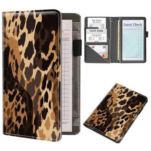 Organizador de libros de servidor, libros de servidores con estampado de leopardo para camarera, organizador de libros de camarero de piel sintética