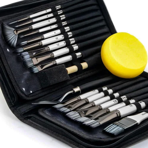 Miniatura 8 de Transon Kit de 20 pinceles de pintura artística con estuche de almacenamiento, 16 pinceles + espátula de esponja para aceite acrílico, acuarela