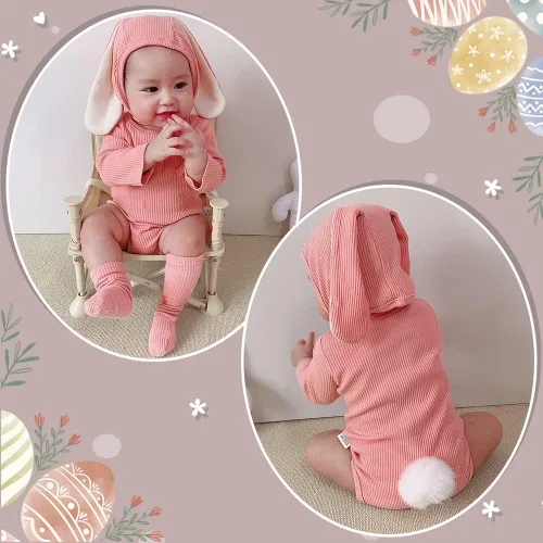 Miniatura 4 de XIFAMNIY Traje de conejo de Pascua para bebé, mameluco con orejas de conejo 3D para bebé recién nacido